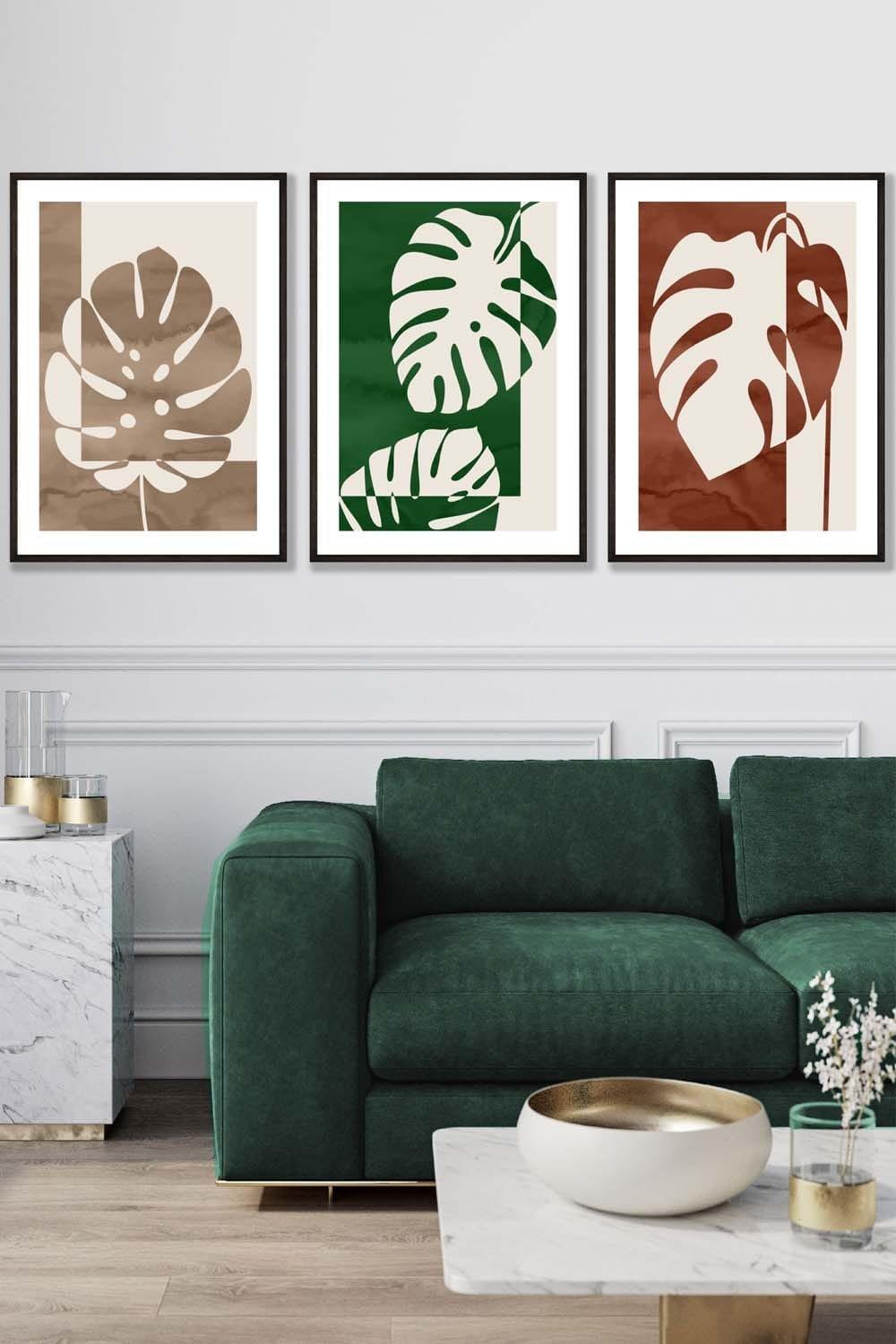 Set of 3 Black Framed Mid Century Monstera in Beige and Green Wall Art